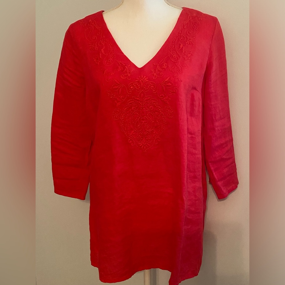 Gorgeous Embroidered Coral Linen Tunic